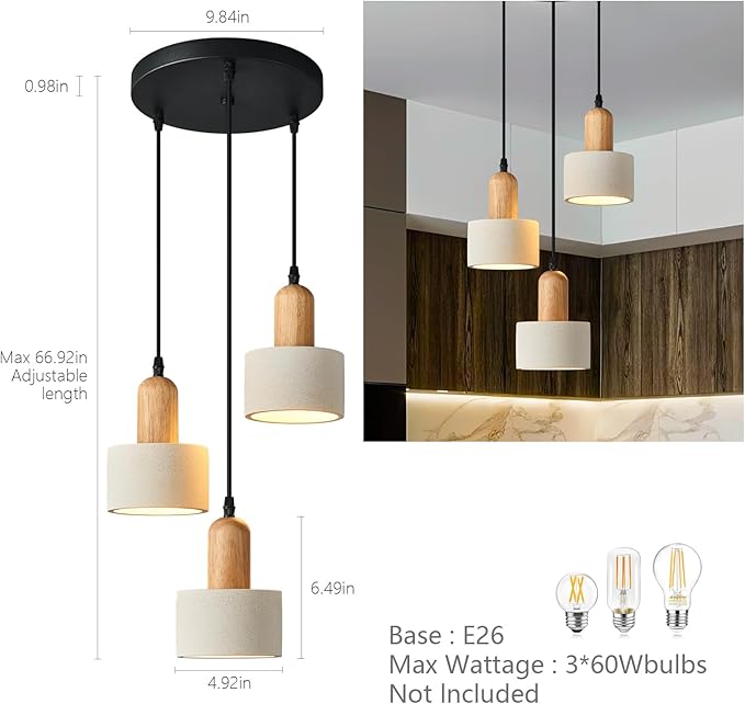 Modern Cement Pendant Lights White Chandelier Wooden Ceiling Lamps for Kitchen Island Bedroom Dining Room Living Room bar（Round 3-Light）