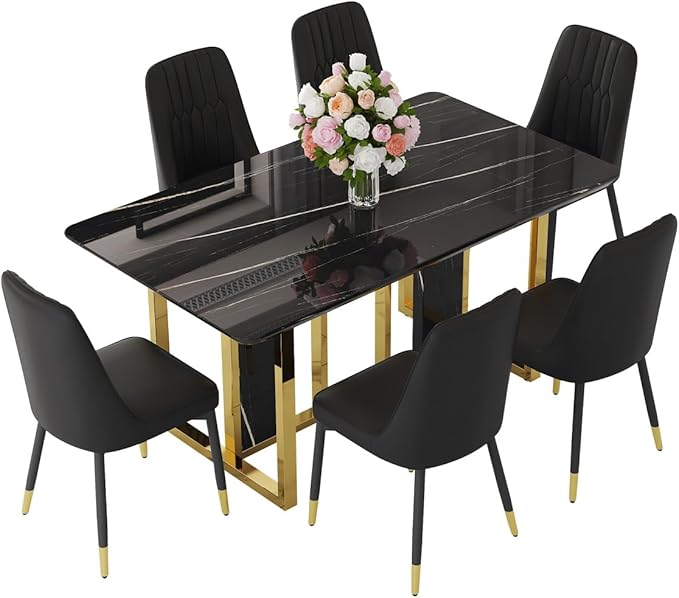 TesNus 63" Black Dining Table Set for 6 with Chairs,Modern Faux Marble Rectangular Kitchen Table and Chairs Set Luxury 7 Piece Dining Room Set with Gold Metal Legs,Easy Assemble,Stable Base