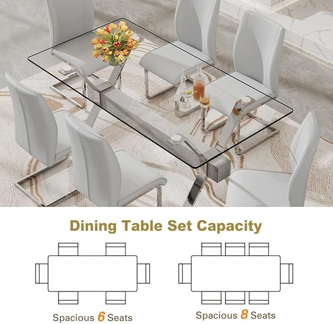 71'' Glass Dining Table Set for 6,7 Piece Dining Table Set with Tempered Glass Tabletop and Open‑Frame X‑Shaped Metal Base,Kitchen Table and Chairs Ideal for Dining Room&Home Office