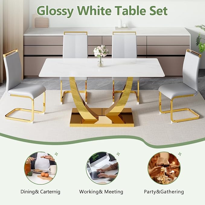 63” Dining Room Table Set for 6,Modern Gold Dining Table Set for 6, Rectangle Kitchen Table Set with Leather Chairs,White Faux Marble Dinner Table Set with Tempered Glass Top and Golden Base