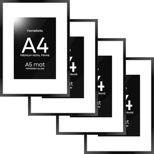 Homeforia A4 Picture Frame Black, High End Metal 8.3 x 11.7 Frames for Wall, A4 Photo Frame with Mat for A5 inch Print, 8.25 by 11.75 Black Poster Frames, 8.3x11.7 Frame with Glass, Wall Kit, Set of 4
