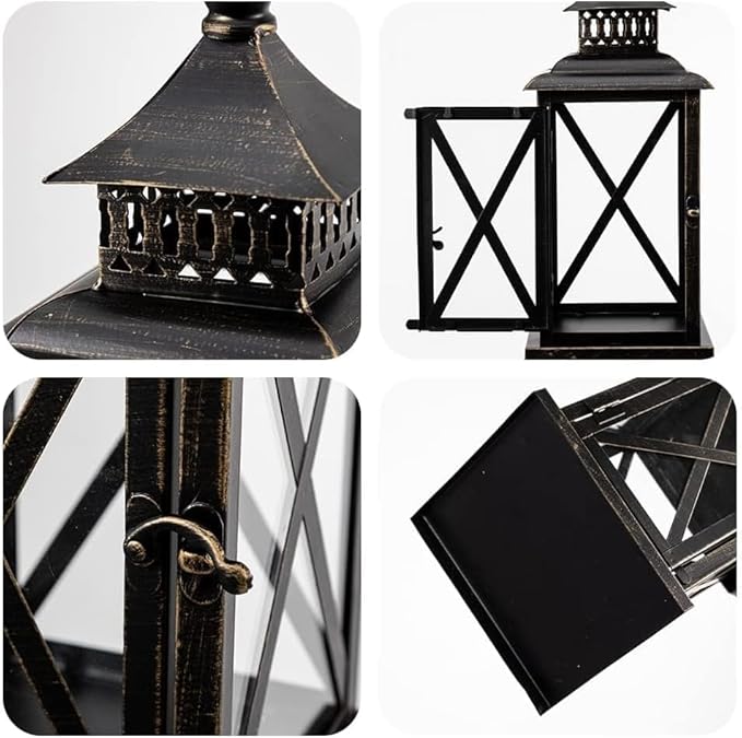 DECORKEY Lantern Decorative Indoor & Outdoor, 2 Pack Large Hanging Candle Lanterns Home Decor, Vintage Metal Candle Holders for Front Porch Patio Wedding Party, Halloween Christmas Decorations (Black)