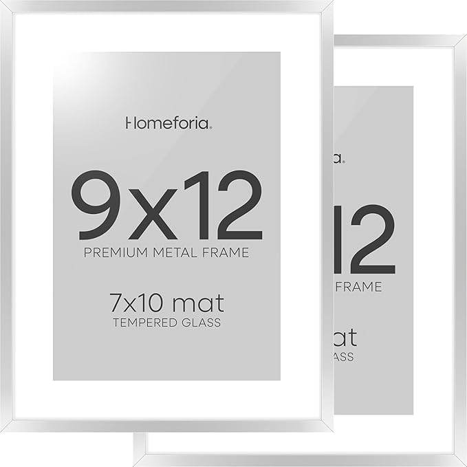 Homeforia 9x12 Picture Frame Silver, High End Metal 9 x 12 Frames with Mat 7 by 10 inch Photo, 9by12 Poster Frame Matted to 7x10 Print, 12x9 Wall or Tabletop Frames, Tempered Glass, Wall Kit, Set of 2