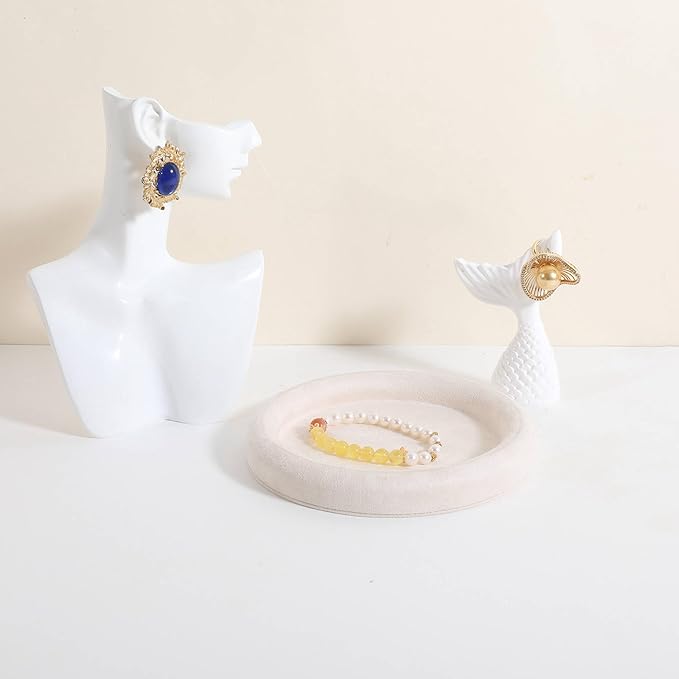 GemeShou Round Jewelry Organizer plate, Top Microfiber velvet Jewerly display tray, Empty Jewelry showcase tray for Necklace Bracelet Ring Earring display stand holder (Cream-Small, 5.9 x 5.9 in)