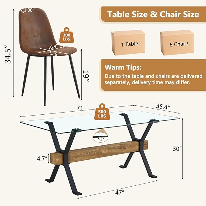 7 Piece Glass Dining Table Set, Kitchen Table Chairs Set for 6, 71'' Dining Table with 0.4" Tempered Glass Tabletop with Plated Metal Legs and MDF Crossbar, 6 Suede Chairs for Dining Room, Kitchen.