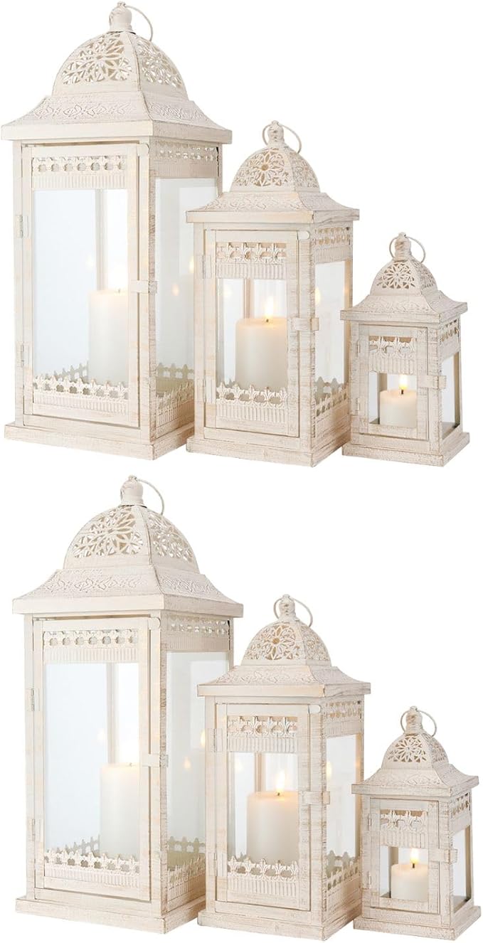 JHY DESIGN 6Pcs Decorative Candle Lanterns 20"&14.5"&9.5" High Vintage Style Hanging Lantern, Metal Candleholder for Indoor Outdoor, Events, Parties and Weddings（Beige with Gold Brush）