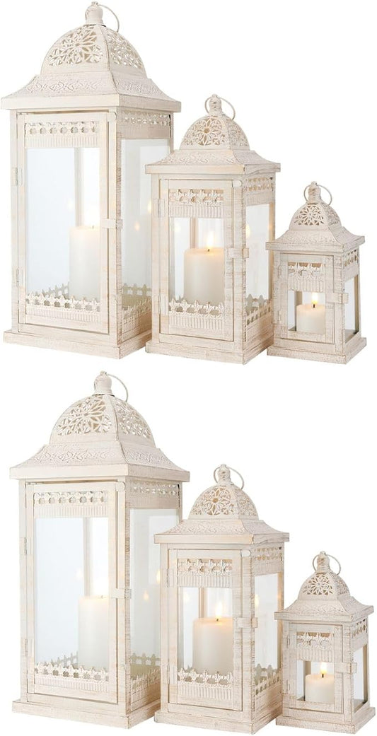 JHY DESIGN 6Pcs Decorative Candle Lanterns 20"&14.5"&9.5" High Vintage Style Hanging Lantern, Metal Candleholder for Indoor Outdoor, Events, Parties and Weddings（Beige with Gold Brush）