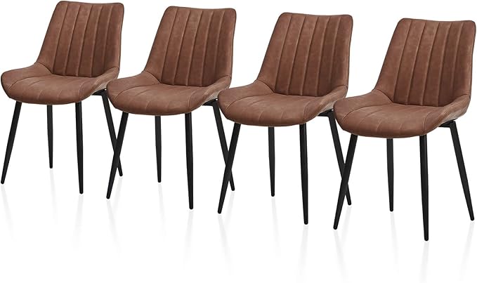TUKAILAi Faux Leather Dining Chairs Set of 4, Modern Linear Design Kitchen Chairs with Upholstered Seat and Metal Legs, Comfortable Side Chairs for Dining Room Restaurant Commercial (Brown)