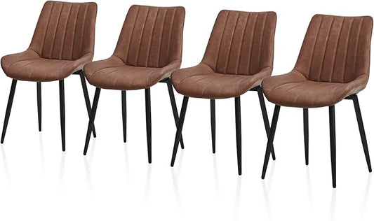 TUKAILAi Faux Leather Dining Chairs Set of 4, Modern Linear Design Kitchen Chairs with Upholstered Seat and Metal Legs, Comfortable Side Chairs for Dining Room Restaurant Commercial (Brown)