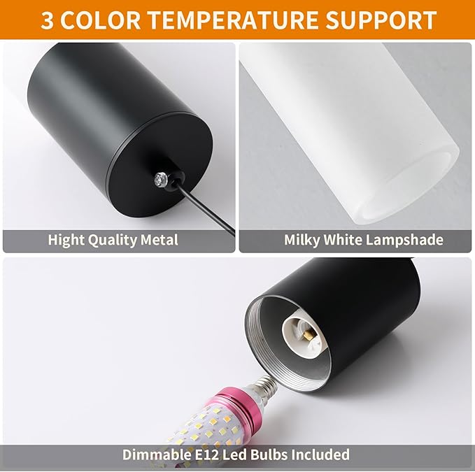 Kitchen Island Pendant Lights LED Black Small Pendant Light 12W with Milky White Lampshade Modern Ceiling Hanging Lamp for Bedroom Bedside Dining Room Table Bathroom, 1 Pack, 3000K-6000K
