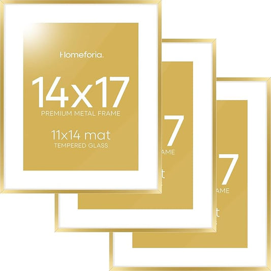 Homeforia 14x17 Picture Frame Gold, High End Metal 14x17 Poster Frames with Mat 11x14 Photo, 14 x 17 Gold Frames Matted to 11 by 14 Print, 17x14 Thin Hanging Frames, Tempered Glass, Wall Kit, Set of 3
