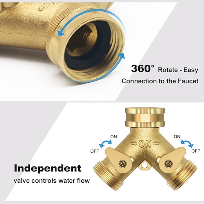 Brass Garden Hose Splitter 2 Way, All Body Metal Heavy Duty Water Splitter Y Way with 2 Hose Protectors Kink Free Hose Extension 10 Rubber Washers