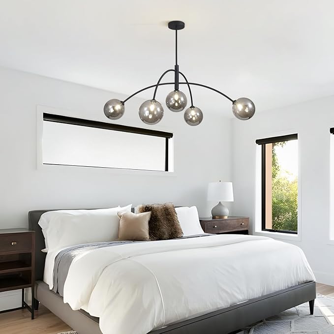 Mid Century Modern Chandelier Black 5 Light Industrial Pendant Light Fixture Vintage Smoke Gray Globe Glass Sputnik Chandeliers for Bedroom Kitchen Living Room Hallway