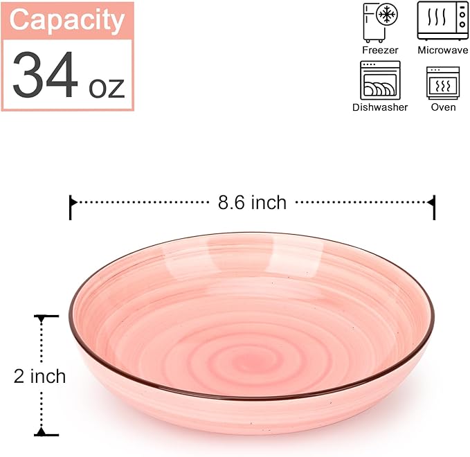 KitchenTour Large Pasta Bowls 34 oz, Ceramic Salad Serving Bowls Set of 6, 8.6 Inch Wide and Shallow Bowl for Soup- Dishwasher and Microwave Safe, Assorted Warm Colors