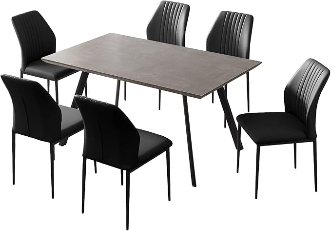 ZckyCine 59" Modern Dining Table Set for 6 Kitchen Dining Room Table Set Extendable Wood Dining Table and 6 Upholstered Chairs, Home Kitchen Furniture
