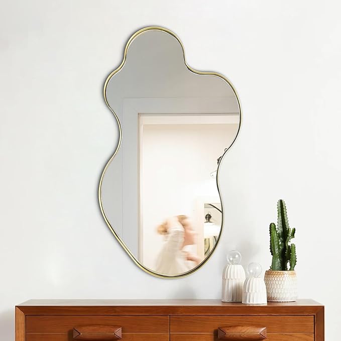 Gold Scalloped Mirror, Irregular Shaped Mirror, 30"x18" Asymmetrical Wall Mirrors Decorative, Wavy Oval Mirrors for Living Room Bathroom Bedroom Hallway Entryway Fireplace