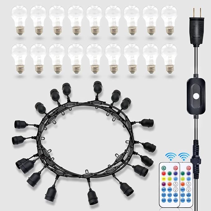48FT Outdoor RGB String Lights, 16 Shatterproof Edison Bulbs, Dimmable Color Changing Patio Lights with Remote Control. Perfect for Bistro Commercial LED Decorative Lighting