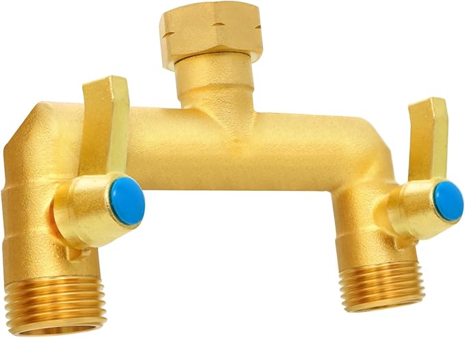 Garden Hose Splitter Full Flow, 2 Way Heavy Duty Outdoor Brass Hose Splitter with Metal Shutoff Valve and Long Handle Outdoor Faucet Diverter, 3/4" GHT Threads，Water Flow Increase