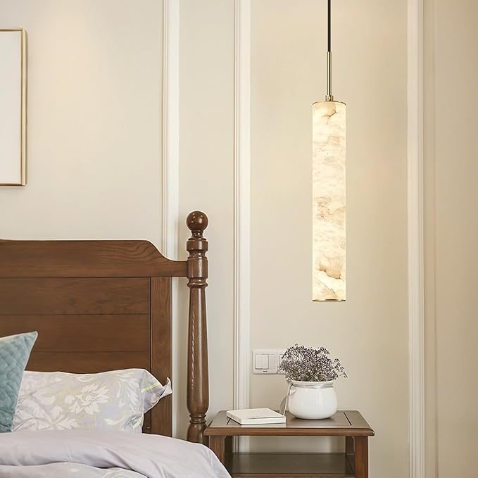 LMQNINE Natural Alabaster Pendant Lights for Kitchen Island White Marble Long Tube Chandelier Modern Gold Ceiling Light Fixtures for Bedroom Dining Room Table Living Room Hallway(M-2Pack)