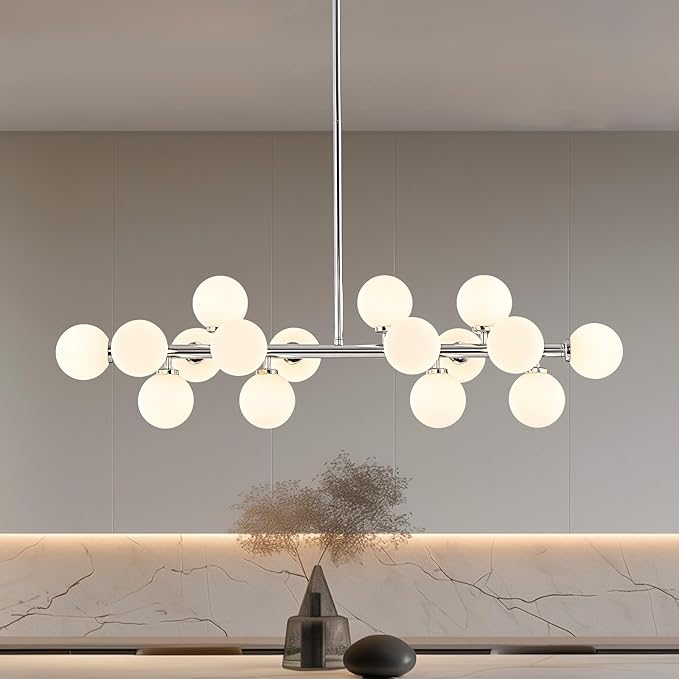 Glass Globe Sputnik Chandelier, 16-Light Mid Century Modern Light Fixture Over Table, Linear Chandeliers for Dining Room, Kitchen Island, Chrome and Milk White Bubble, 40 Inch, GC-02