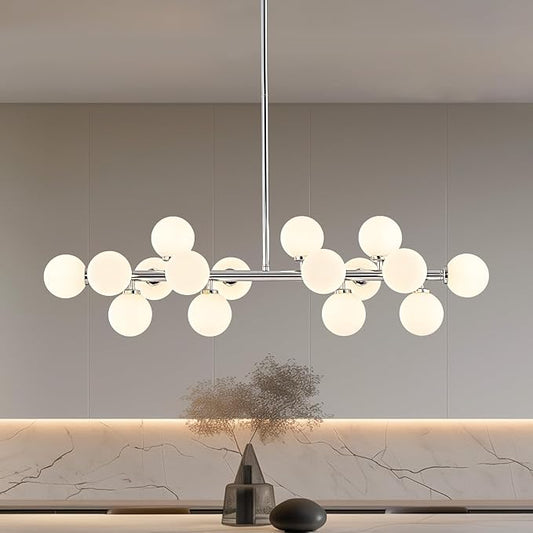 Glass Globe Sputnik Chandelier, 16-Light Mid Century Modern Light Fixture Over Table, Linear Chandeliers for Dining Room, Kitchen Island, Chrome and Milk White Bubble, 40 Inch, GC-02