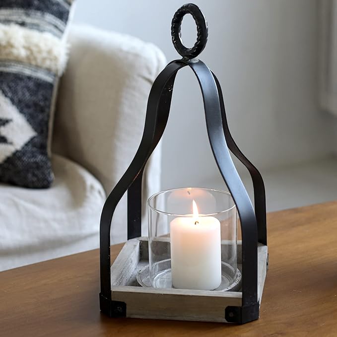 SwallowLiving 13" Rustic Farmhouse Wood and Metal Candle Candlestick Lantern Patio, Table Centerpiece