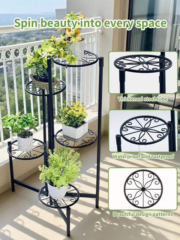 Plant Stand Indoor Outdoor, 5 Tier Corner Metal Flower Display Holder Stand, Folding Tall Plant Rack for Patio Balcony Porch Garden Living Room House, Heavy Duty Wrought Iron Plant Shelf - BlackS