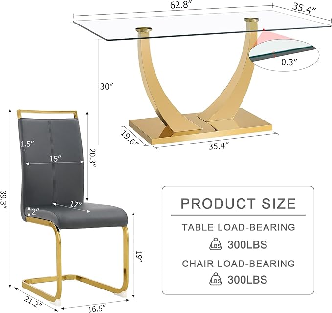 63” Glass Dining Table Set for 4,Gold Dining Room Table Set for 4,Modern Kitchen Table and PU Leather Chairs for 4, Dinner Table with Rectangle Tempered Glass Top and Golden Base