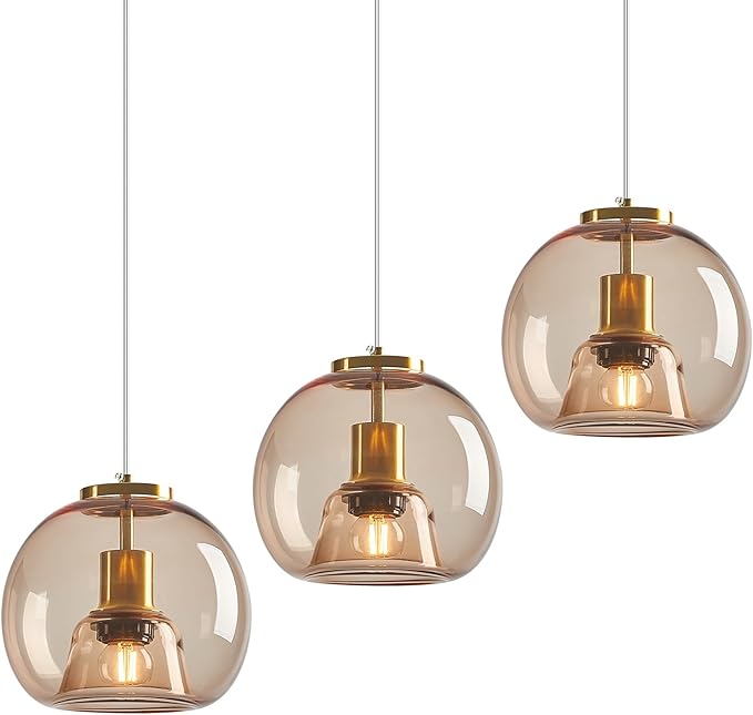 Light Coffee Glass Pendant Lights Kitchen Island Gold Hanging Light Fixture Glass Globe Pendant Light Modern Pendant Lighting for Kitchen Island Bedroom Dining Room (7.87", 3 Pack)