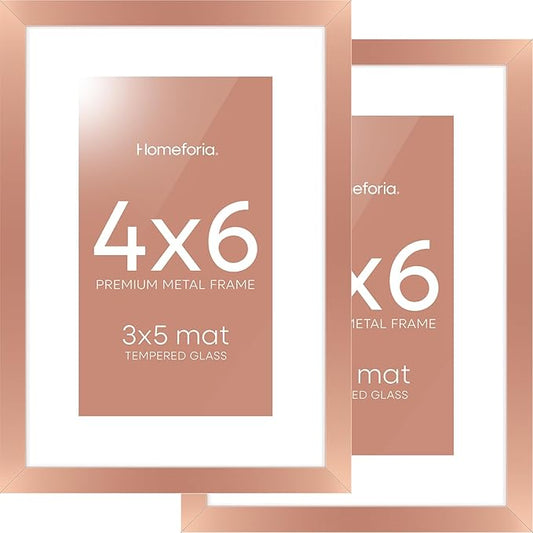 Homeforia Rose Gold 4x6 Picture Frame, High End Metal 4 x 6 Frames with Mat 3 x 5 for Print, 4by6 Desk Frame Matted to 3x5 inch Photo, 4 by 6 Wall or Tabletop Frame, Tempered Glass, Wall Kit, Set of 2