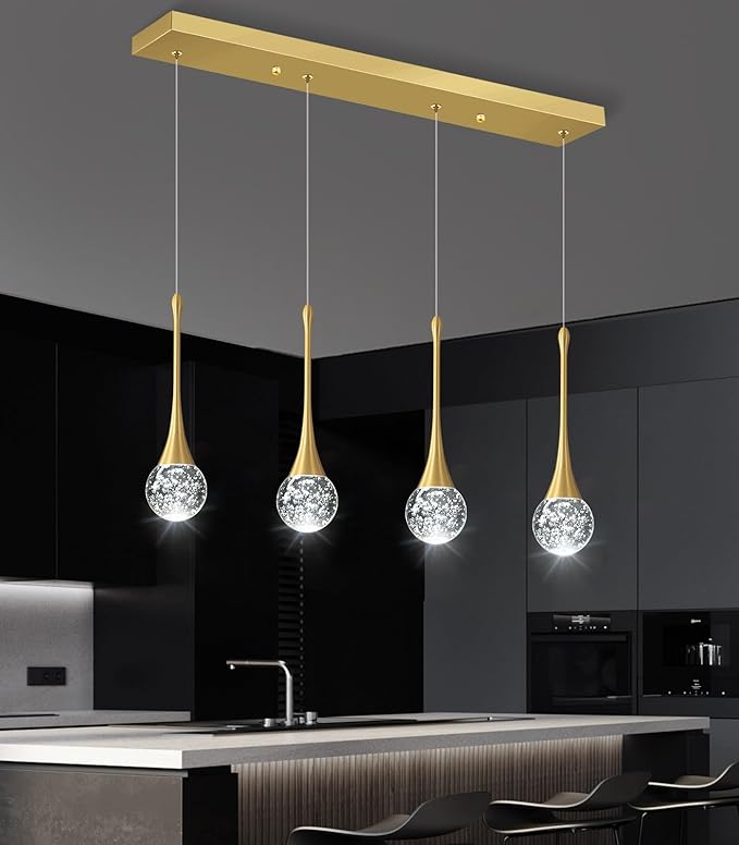 4-Lights Modern Pendant Lights for Kitchen Island LED Dimmable Crystal Glam Ceiling Pendant Lighting Chandelier for Dining Room Hallway Bedroom Gold