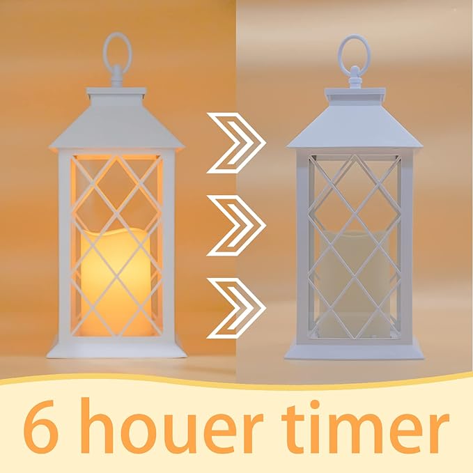 YAKii 13" Decorative Candle Lantern with LED Flameless Candle and Timer, Plastic LED Candle & Holder, Indoor & Outdoor Hanging Lights,Christmas Day Decoration Pack of 6 (White)