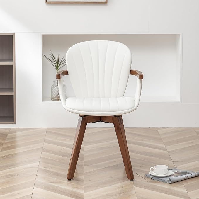 LUNLING Swivel Dining Chairs, Mid Century Modern White Faux Leather Kitchen Chairs with Arms,Bamboo Legs Side Chairs No Wheels,Accent Chair for Dining Rooms and Offices,1PCS