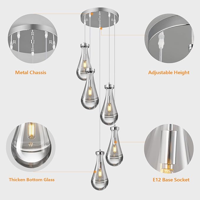 Raindrop Pendant Lights Kitchen Island Teardrop Chrome Hanging Light Fixtures Clear Solid Glass Pendant Light Modern Chandeliers for Dining Room Porch Corridor Living Room(5-Light)