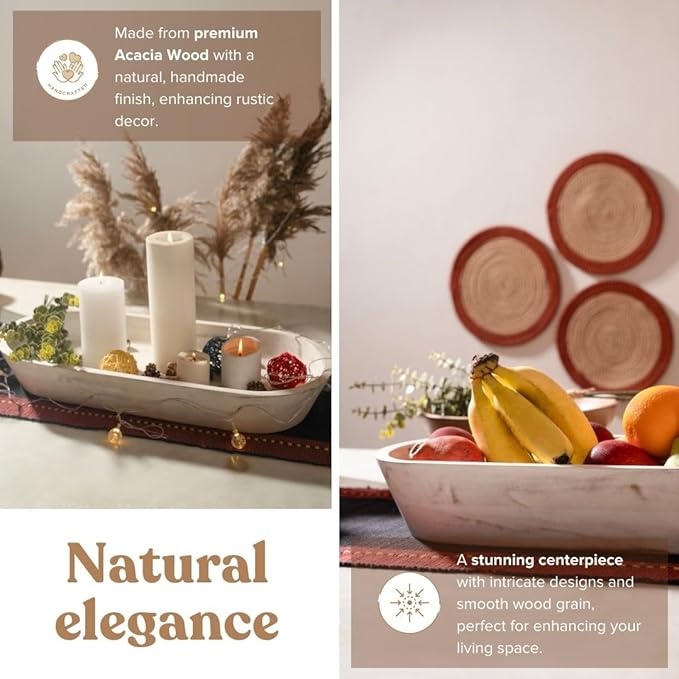 Wooden Dough Bowl - Large Rustic White Acacia Wood - Handmade Decorative Bowls for Home Decor, Bathroom, Kitchen Counter, & More - Rustic Large Wood Dough Bowl for Decor, Cosmetics, and Keys