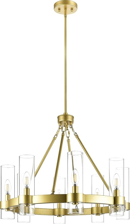 Linea di Liara Teramo Gold Chandelier Dining Room Light Fixture Small Wagon Wheel Chandelier Round Industrial Modern Farmhouse Chandeliers for Dining Room Foyer, Clear Glass, UL Listed