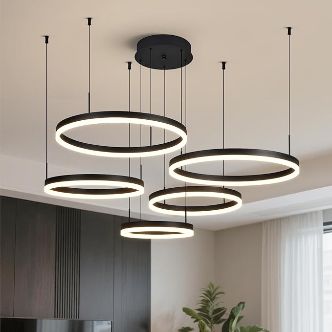 Modern Black Ring Chandelier LED Circle Geometric Pendant Light Dimmable 5 Rings Ceiling Light Fixtures High Ceiling Foyer Chandelier for Living Room Dining Room Bedroom