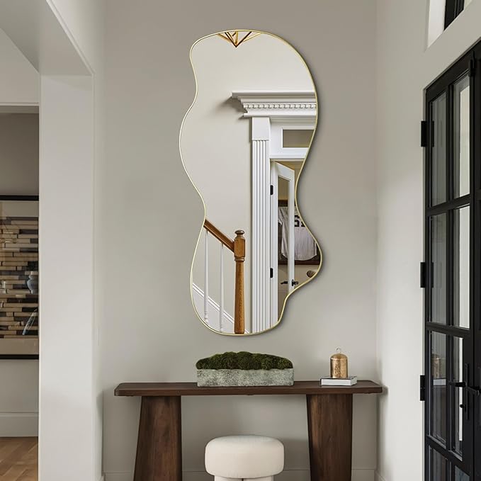 POZINO Large Irregular Mirror, Asymmetrical Full Length Mirror, 55"x25.5" Gold Wavy Shaped Mirrors, Modern Frameless Decorative Mirrors for Dressing Living Room Bathroom Bedroom Hallway Entryway