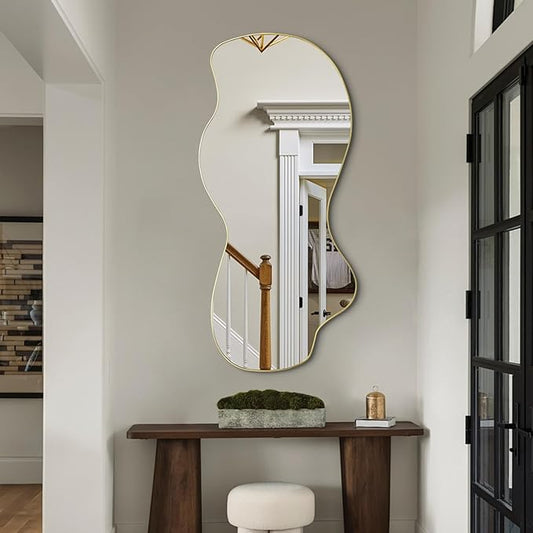 POZINO Large Irregular Mirror, Asymmetrical Full Length Mirror, 55"x25.5" Gold Wavy Shaped Mirrors, Modern Frameless Decorative Mirrors for Dressing Living Room Bathroom Bedroom Hallway Entryway