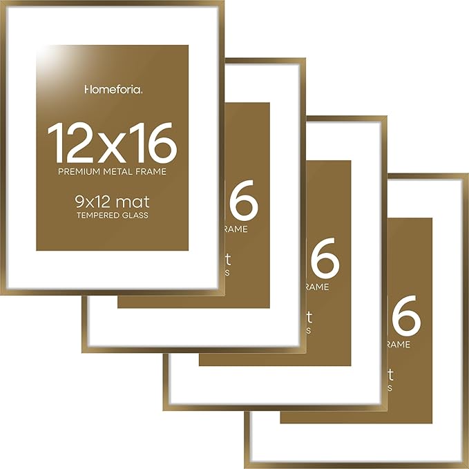 Homeforia 12x16 Picture Frame Bronze, High End Metal 12x16 Brass Poster Frames with Mat 9x12 Photo, 12 x 16 Bronze Frame Matted to 9 by 12 Print, 16by12 Thin Frames, Tempered Glass, Wall Kit, Set of 4