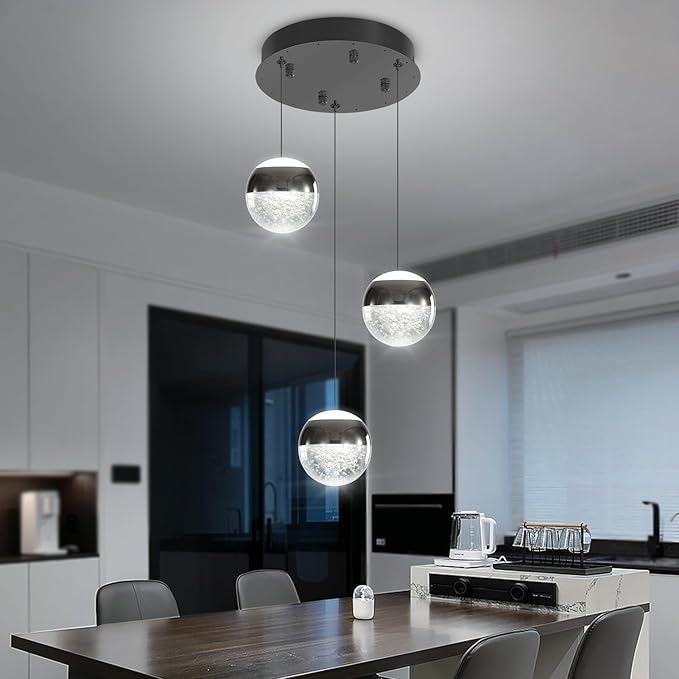 Modern Crystal Pendant Lighting Black Globe Pendant Light Fixture, Mid Century Chandelier 3-Light Hanging Fixture for Kitchen Island,Globe Chandeliers for Dinning Room Bedroom