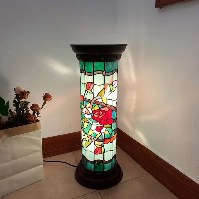 Bieye L10823 Rose Flower Tiffany Style Stained Glass Pedestal Floor Lamp for Decorating, 26 inches Tall
