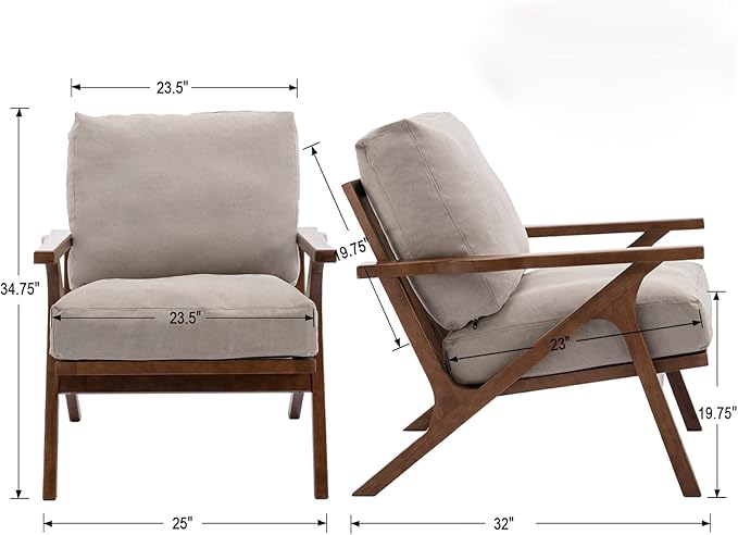 HNY Set of 2 Mid Century Accent Chair, Faux Leather Upholstered Armchair with Wood Frame and Canvas Cushions, Leisure Reading Chair Slipper Chair for Living Room, Bedroom, Beige