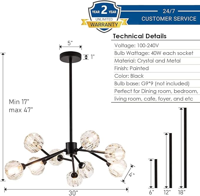 Sputnik Chandeliers for Dining Room Light Fixture Over Table, Modern Crystal Chandeliers, 9 Lights Black Lighting Fixtures for Living Room Bedroom Kitchen Island Bar