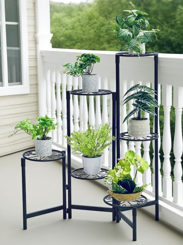 6 Tier Large Plant Stand Indoor with 7.9-Inch Wide Drainage Tray, Tiered Corner Metal Outdoor Flower Display Holder Shelf, Folding Tall Rack for House Patio Porch Balcony Graden - BlackS