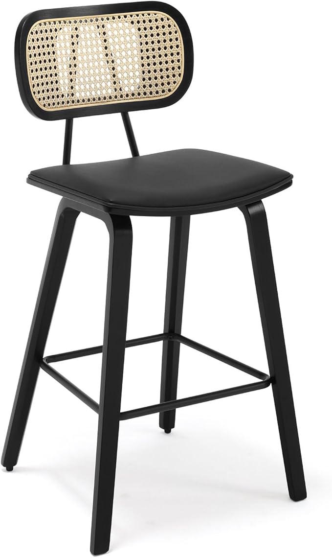 Counter Height Bar Stools, 26" PU Leather Upholstered Rattan Barstools, Mid Century Modern Bar Chairs with Black Wood Legs, Armless Walnut Kitchen Island Dining Bar Chair, Black