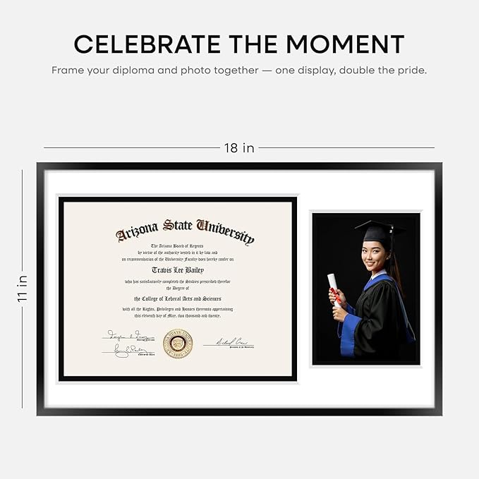 Homeforia 11x18 Black Diploma Frame with Photo, High End Metal 11 x 18 Certificate Frame with Mat for 8.5x11 Diploma and 5x7 Picture, 11by18 Award Graduation Frames, Tempered Glass, Wall Kit, Set of 1