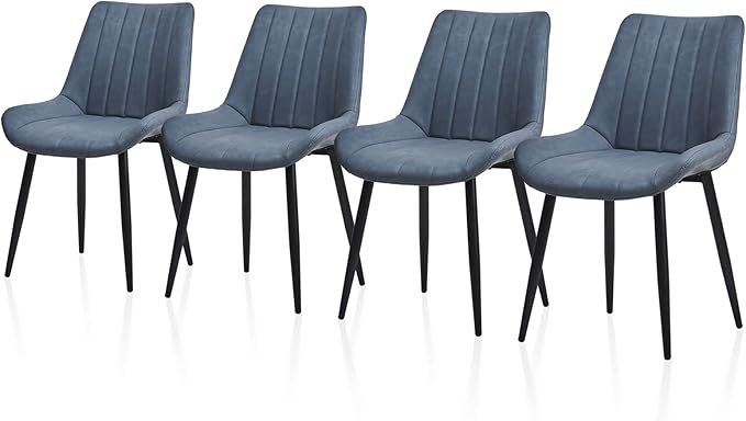TUKAILAi Faux Leather Dining Chairs Set of 4, Modern Linear Design Kitchen Chairs with Upholstered Seat and Metal Legs, Comfortable Side Chairs for Dining Room Restaurant Commercial (Blue)