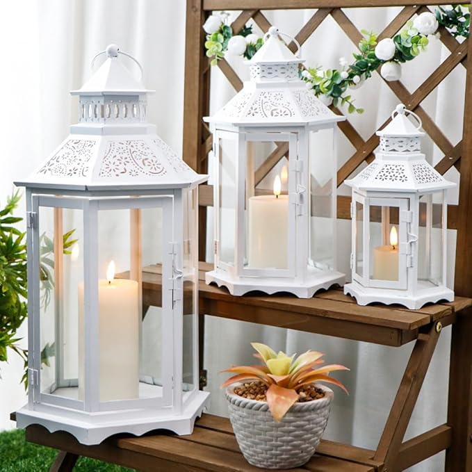 TRIROCKS Set of 3 Decorative Candle Lanterns18''&13"&10" H Hexagonal Candle Holder Vintage Metal Hanging Lantern with Tempered Glass for Garden Patio Wedding Event Indoors Outdoors(White)