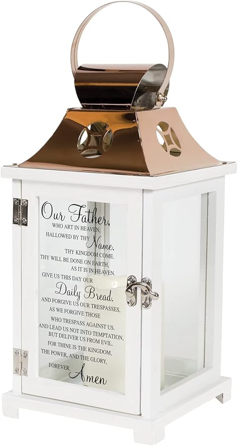Carson Home Accents Indoor Outdoor Our Father Memorial Sympathy Copper Candle Lantern for Loss of Loved One with Automatic 6 Hour Timer and Calligraphy